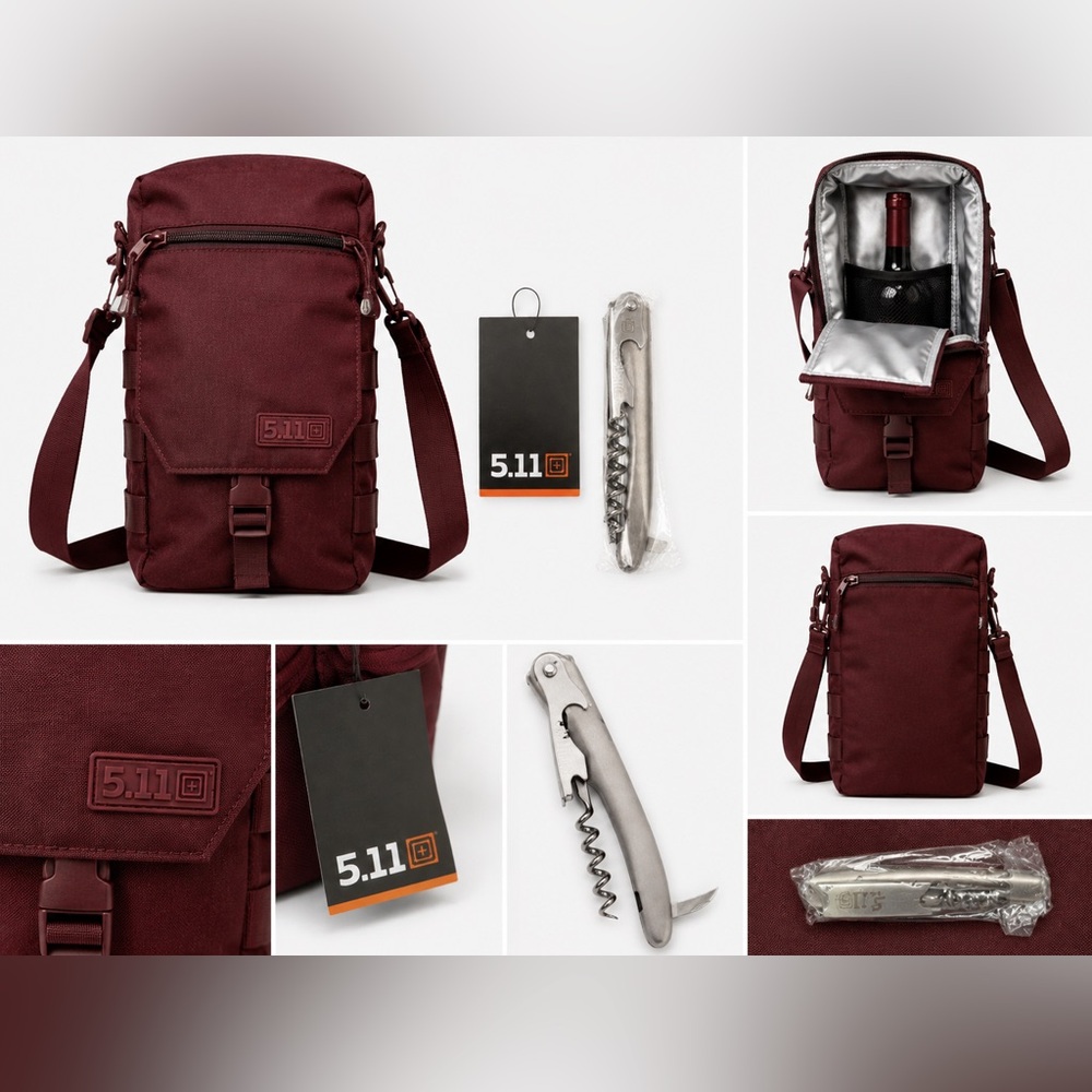 5.11 Tactical Insulated Wine Carrier Bag Burgundy Bottle Tote w/ Corkscrew